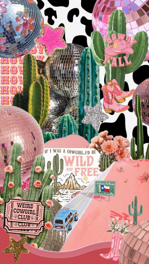 #myfirstshuffle #cowgirl #howdy #cactus #disco #discoball #pink #star #cowprint Disco Cowgirl, Pink Star, Cactus, Collage, Pink