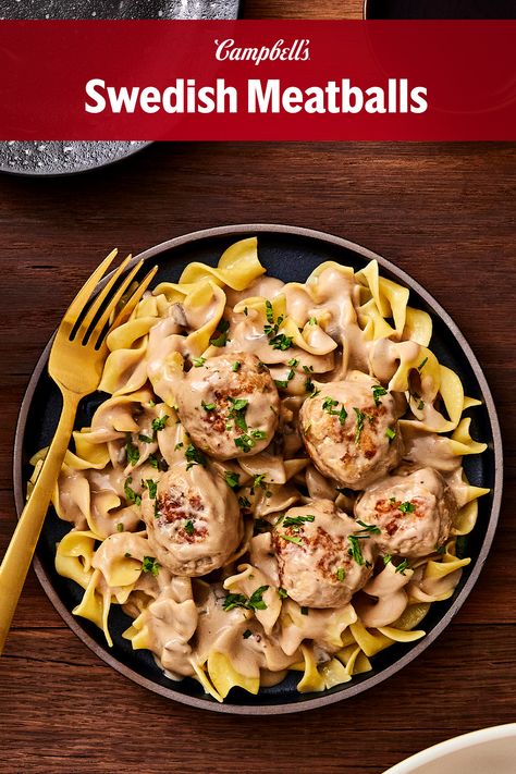 You don't have to make a trip to your favorite Scandinavian-based furniture store to get creamy, savory Swedish Meatballs. Ground turkey meatballs are browned in a skillet for a crisp crust, then simmered in a mixture of Cream of Mushroom Soup and beef broth, which melts into the most delicious sauce. In just 30 minutes you can have a comfort food that easily customizable with other types of ground meats. Swedish Meatballs are usually served over noodles. Swedish Meatballs Campbells Soup, Swedish Meatball Recipe Campbells, Campbells Swedish Meatball Recipe, Swedish Meatballs With Cream Of Mushroom Soup, Easy Swedish Meatballs With Cream Of Mushroom Soup, Cream Of Mushroom Swedish Meatballs, Easy Swedish Meatball Recipe Mushroom Soup Sour Cream, Swedish Meatballs With Frozen Meatballs And Cream Of Mushroom Soup, Swedish Meatballs With Cream Of Mushroom