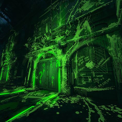 ArtStation - Batman Arkham Knight - Riddler's Orphanage, Ronan Mahon Batman Arkham Knight, Dark Green Aesthetic, Arkham City, Fantasy Background, Arkham Asylum, Environment Art, Arkham Knight, Arte Cyberpunk, Green Door