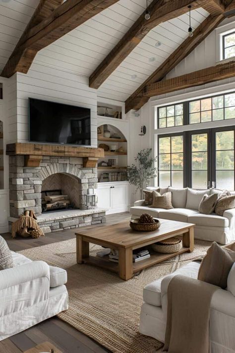 16 Rustic Living Room Ideas: Crafting Elegance In Comfort And Tradition | DIY Vibes Rustic Living Room Ideas, Whitewashed Brick, Rustic Minimalism, Cozy Farmhouse Living Room, Country Style Living Room, Rustic Farmhouse Living Room, French Country Living Room, Shabby Home, Dream Life House