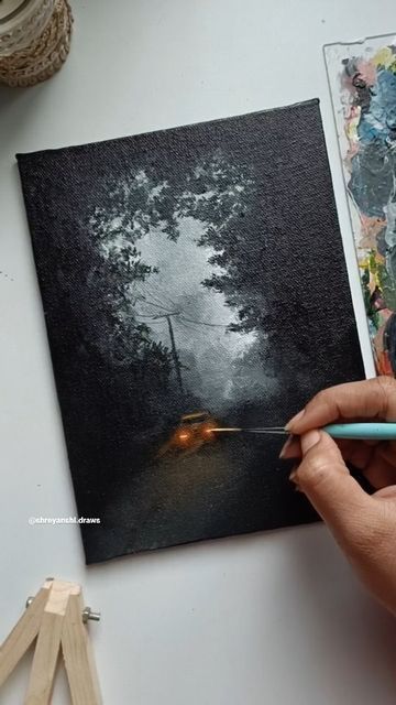 Shreyanshi Sahoo | ARTIST on Instagram: "Thoroughly enjoyed painting this 🌿🌪️ After watching @elysian.vibes 's gorgeous misty forest paintings, I couldn't resist myself from painting one 🫶🏼 . Acrylic on canvas . . . . . #shreyanshidraws [Misty forest painting, acrylic painting, canvas painting, forest road painting, art aesthetics, mini canvas acrylic painting]" Misty Forest Drawing, Best Selling Paintings, Dark Forest Acrylic Painting, Moody Painting Ideas, Night Aesthetic Painting, Painting Ideas Night, Siloette Ideas Painting, Dark Painting Ideas On Canvas, Inspirational Paintings Canvases