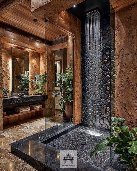 Open Air Shower Ideas, Enchanted Bathroom Ideas, Bathroom Retreat Ideas, Waterfall Shower Ideas, Bathroom Ideas Nature, Bathroom With Rock Wall, Rainforest Shower Ideas, Rainforest Theme Bathroom, Rock Bathroom Ideas