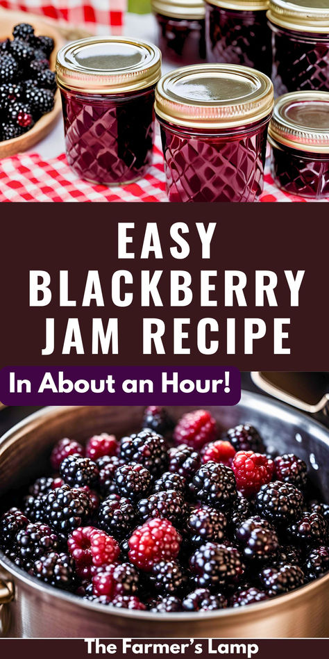 A simple and delicious homemade blackberry jam recipe using just four ingredients. Quick to prepare in under an hour, this jam captures the taste of summer and can be enjoyed all year long. Adjust processing time based on altitude for perfect results. Blackberry Jam Canning Recipe, Quick Jam, Easy Jams And Jellies, Canning Blackberry Jam, Strawberry Blackberry Jam, How To Make Blackberry Jam, Make Jam, Diy Jam, Easy Blackberry Jam