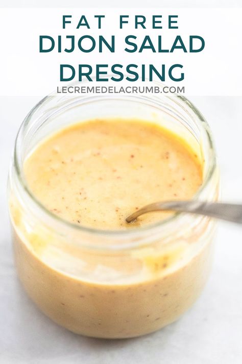 Fat Free Dijon Salad Dressing is so rich and creamy and full of the sweet and tangy Dijon dressing tastes that you love but without any fat. There is a secret ingredient to thank for that! Essen, Fat Free Salad Dressing Recipe, Dijon Salad Dressing, Low Fat Salad Dressing, Dijon Salad, Low Fat Salads, Low Carb Salad Dressing, Oil Free Salad Dressing, Fat Free Recipes