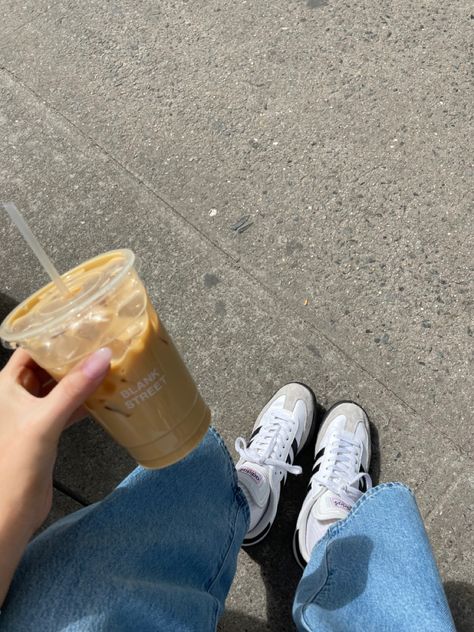 Blank Street Coffee. Sambas. Levi Jeans. Adidas. Walk With Coffee Aesthetic, Blank Street Coffee, Cafe Hopping Aesthetic, Coffee Runs Aesthetic, Coffee Spring Aesthetic, Calm Street Cafe, Coffee Walk, Blank Street, Chamberlain Coffee