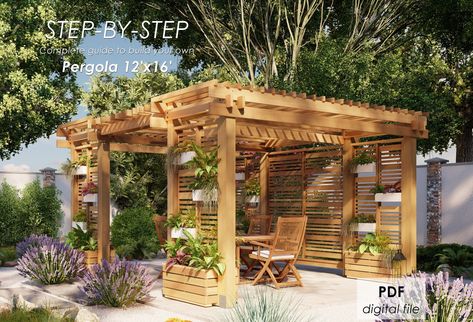 Pergola With Privacy Wall, Timber Frame Pergola Plans, Pergola With Privacy, Corner Pergola, Diy Gazebo, Pergola Diy, Privacy Wall, Gazebo Plans, Diy Backyard Patio