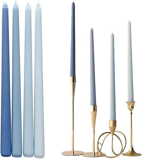 Amazon.com: Taper Candles 12'' Colored Candle Sticks Set of 4 | Unscented | Home Decor Kitchen Decor Wedding Decorations (Blue Shades) : Home & Kitchen Blue Taper Candles Wedding, Taper Candles Wedding, Blue Taper Candles, Blue Candlesticks, Candles Dark, Blue Centerpieces, Long Candles, Dripping Candles, Coloured Candles