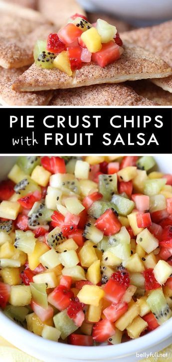 Sugar and cinnamon covered pie crust chips, served with a bright and fresh fruit salsa is the best summer snack ever! #piecrustchips #piechips #piecrust #fruitsalsa #fruitsalsaandcinnamonchips #summersnacks #summerdessertseasy Dessert Salsa Recipe, Inexpensive Work Lunches, Unique Appetizer Recipes, Fresh Fruit Snacks, Summer Food Snacks, Healthier Snacks Options, Summer Themed Snacks, Hydrating Snacks, Summer Deserts Ideas