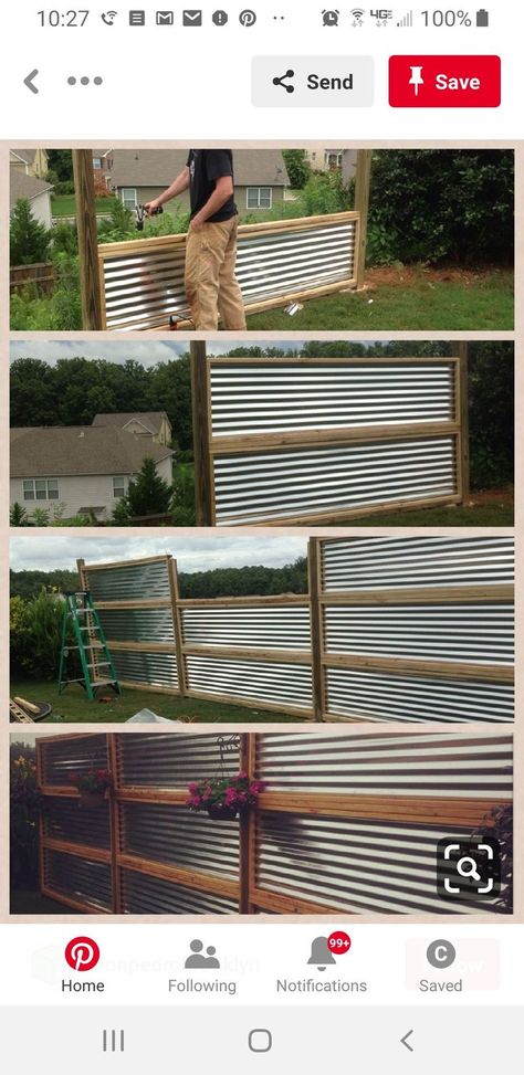 Quick Privacy Fence, Sheet Metal Fence, Backyard Fence Decor, Corrugated Metal Fence, Diy Backyard Fence, Metal Fence Panels, Privacy Fence Designs, Diy Fence, Farm Fence