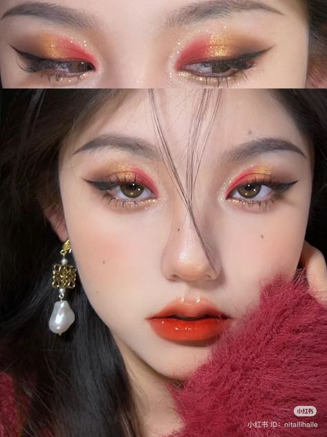 Red Eyeshadow Douyin, Bold Make Up, Lunar New Year Makeup Look, Chinese New Year Makeup Look, Red Douyin Makeup, Chinese New Year Makeup, Lunar New Year Makeup, Makeup Bold, Makeup Layout