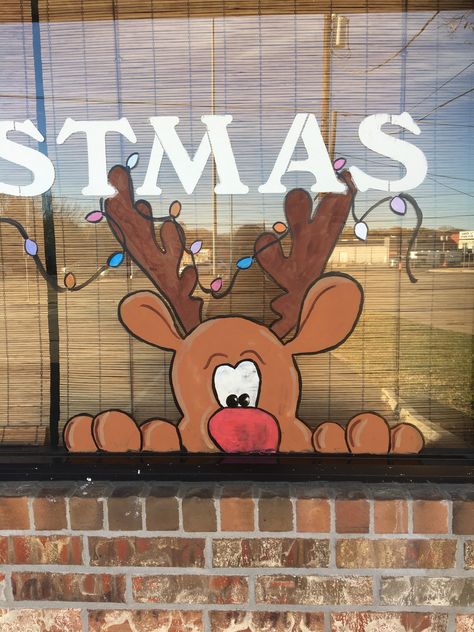 Santa And Reindeer Window Painting, Window Drawing Christmas Ideas, Window Painting Christmas Easy, Christmas Classroom Window, Window Paintings Christmas, Paint Windows For Christmas, Reindeer Window Painting, Painted Windows Christmas, Elf Window Painting