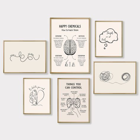 Mental Health Prints, Set of 6 Psychology Posters for Therapy Office Decor, Printable Wall Art Black, Mental Health Printables This Set of 6 Printable Posters is perfect for your therapy office, or as a self-help inspirational reminder in your home decor. You can use these beautifully designed Original Boho Art Prints to create a a corresponding atmosphere for therapy sessions with clients whether you are a therapist, counselor, teacher or a social worker.  Also makes a perfect gift for your fav Therapy Office Decor Private Practice, Cozy Therapy Office, Therapy Wall Decor, Psychology Office Decor, Health Printables, Happy Chemicals, Psychology Posters, Mental Health Clinic, Therapy Office Decor