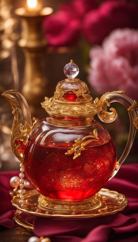 Decoration - Exquisite crystal teapot in red and gold crystal - AI creation Tea Pot Decorating Ideas, Vintage Teapots Unique, Red Crystals Aesthetic, Fancy Teapot, Glassware Garden Art, Crockery Design, Attractive Wallpapers, Happy Tea, Jelly Wallpaper