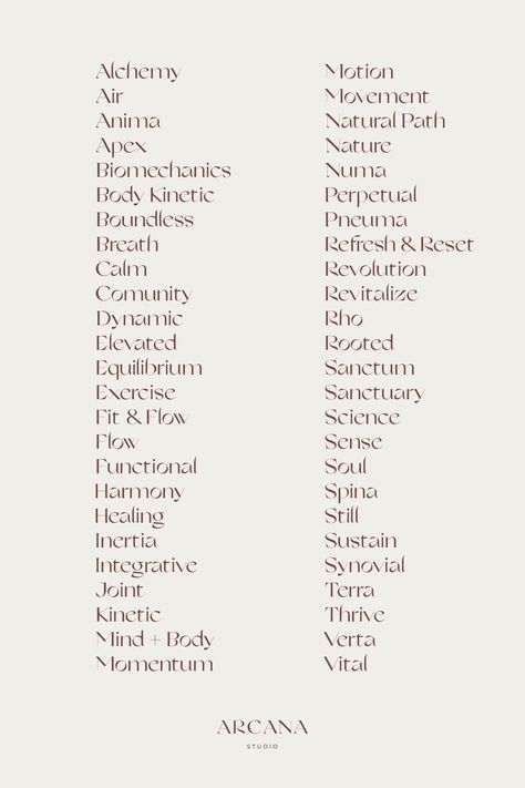 Arcana Studio: crafting holistic brand and website design for purpose-driven businesses. Discover your brand's essence at ArcanaStudio.co Creating A Brand Name, Holistic Studio Design, Names For Studio, Names For Graphic Design Business, Health Coach Business Names, Holistic Healing Business Names, Holistic Business Ideas, Wellness Brand Name Ideas, Earthy Business Names