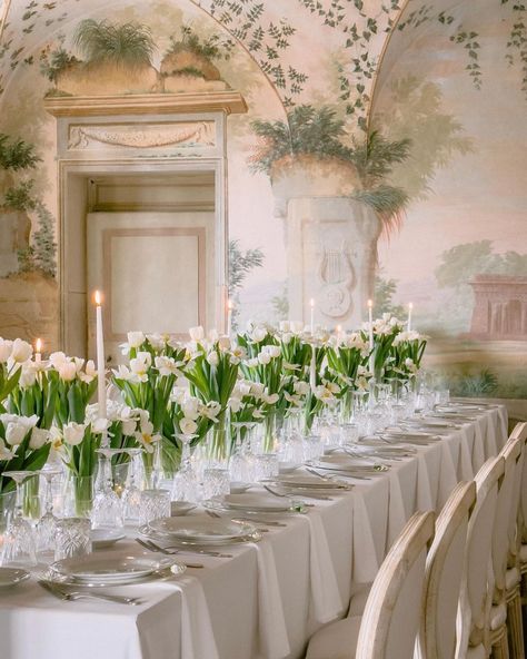 Someday • Instagram Wedding Table Tulips, Tulip Tablescape, Tulips Centerpiece, White Wedding Table Setting, Tulip Centerpiece, Garden Dinner, Tulip Table, Color Board, Commitment Ceremony