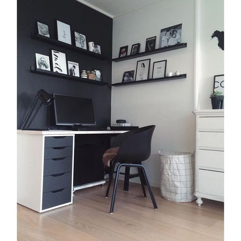 Black and white Home Office Black And White, Office Black And White, Ikea Alex Desk, Ikea Home Office, Ikea Alex Drawers, Functional Office, Home Office Black, Alex Drawer, Ikea Alex