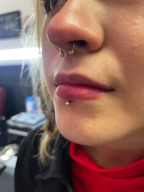 Labret Piercing Ring Center, Gold Labret Piercing, Septum And Labret Piercing, Gold Piercings Aesthetic, Labret Hoop, Central Labret, Labret Piercing Stud, Labret Piercing Ring, Septum Labret