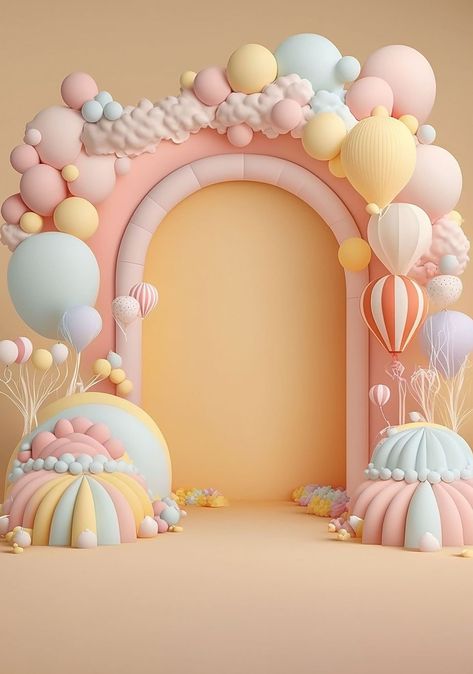 Background For Kids Photoshoot, 1st Birthday Backdrop Ideas, Kids Photoshoot Background, Kids Birthday Background, Kids Birthday Backdrop, Pastel Balloon Arch, Baby Birthday Backdrop, Background For Photoshoot, First Birthday Backdrop