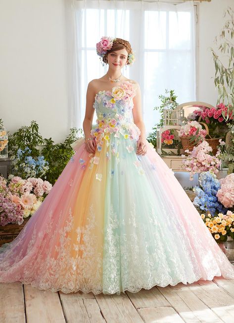 Amazing Colors! 24 Wedding Gowns Featuring Unbelievably Beautiful Mix of Colors! Baju Pengapit, Pastel Wedding Dresses, Rainbow Wedding Dress, Mode Adidas, Fantasy Ideas, 파티 드레스, Ballroom Dresses, Rainbow Wedding, Girls Couture