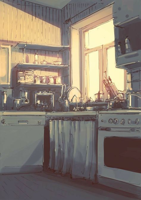 Kitchen Background Illustration, Morning Lighting Reference, Kitchen Illustration Drawings, Apartment Illustration, Apartment Drawing, Kitchen Illustration, Muted Palette, Bg Design, Japon Illustration