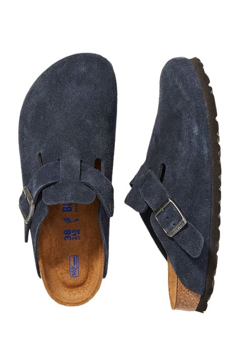 Birkenstock boston navy blue suede Birkenstock Clogs Navy, Boston Birkenstock Colors, Navy Blue Boston Clogs, Navy Boston Birkenstocks, Navy Blue Birkenstocks, Blue Birkenstock Clogs, Blue Boston Birkenstocks, Boston Berkinstock, 90s Shoes Aesthetic