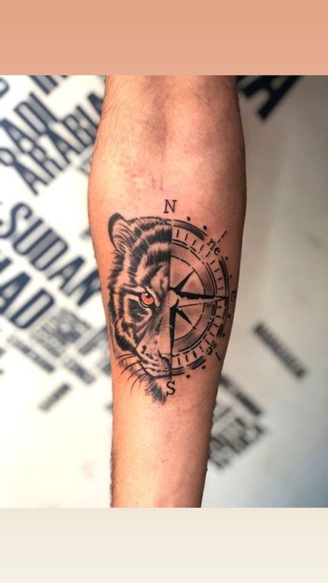 Tiger With Compass Tattoo Design, Tiger Compass Tattoo, Tiger Tattoo Men Forearm, Small Tiger Tattoo Men, Small Arm Tattoo Men, Mens Tiger Tattoo, Tiger Tattoo Designs, Tattoos Masculinas, Tatuagem Masculina Pequena