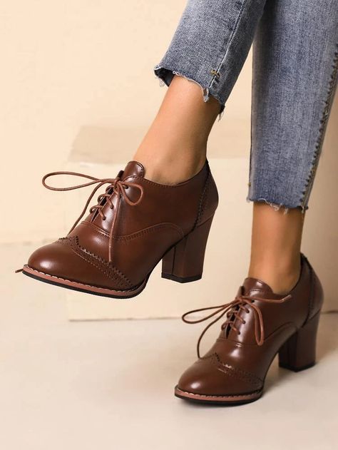 Lace-Up Front Chunky Heeled Oxfords | SHEIN USA Heeled Oxfords, Clothes Combination, High Heel Loafers, Oxford Shoes Heels, Oxford Pumps, Color Block Heels, Brown Loafers, Elevated Style, Oxford Heels