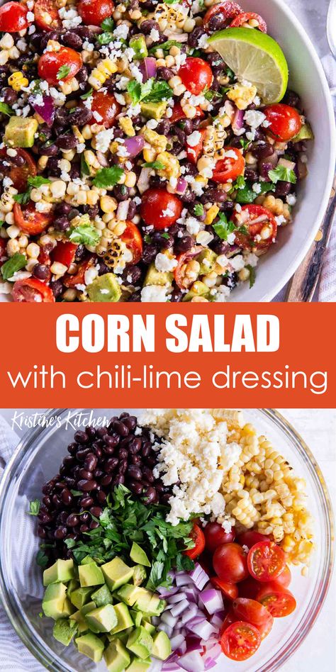 This corn salad is made with fresh sweet corn, black beans, avocado, tomatoes and a zesty chili-lime dressing. Grilling the corn brings a lovely smoky flavor to the salad, but if you don't have a grill you can boil the corn. I love serving this salad at summer BBQ's! Serve it as a side dish, a main dish (add steak, shrimp or chicken for protein), or appetizer with tortilla chips for scooping. Summer Fresh Recipes, Summer Salad Recipes Healthy Easy, Summer Sides For Bbq, Black Bean And Corn Salads, Salads For Potlucks, Corn Black Bean Salad Recipe, Summer Side Salads, Corn Salad With Black Beans, Black Bean Corn Avocado Salad