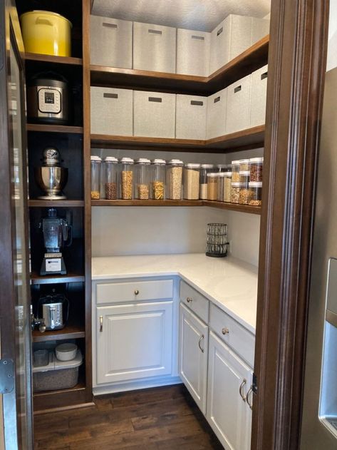 Small Pantry With Cabinets, Pantry With Bottom Cabinets, Pantry Lower Cabinets Upper Shelves, Pantree Ideas, Pantry With Cabinets And Counter, Pantry With Appliance Counter, Pantry Cabinet Ideas, Pantry Renovation, Loft Living Room