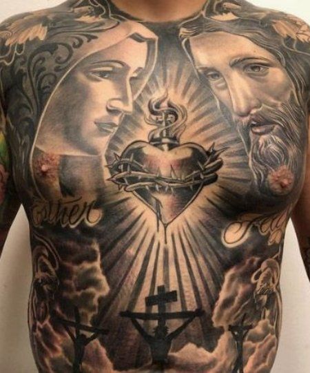 Open Heart Tattoo, Jesus Tattoos, Jesus Tattoo Design, Full Chest Tattoos, Catholic Tattoos, Vintage Tattoos, Sacred Heart Tattoos, Christ Tattoo, The Trend Spotter