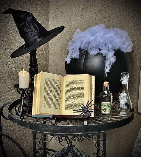 Witch Coven Decorations, Wiccan Halloween Decor, Witch Seance Decoration, Witch Theme Trunk Or Treat Ideas, Halloween Decorations Witch Theme, Salem Witch Halloween Decor, Sliding Glass Door Halloween Decor, Witch Coven Halloween Decorations, Halloween Globes Diy