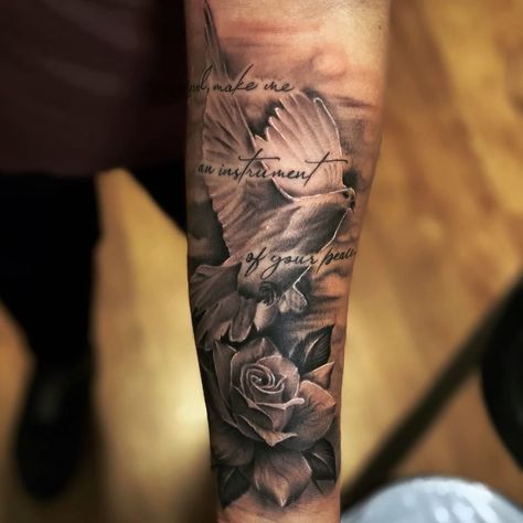 #tattooideas #tattoosleeve #dove #rose #tattooblackandgrey #blackrhinotattoos #tattoolasvegas #tattoosforwomen #tattooforarm Dove Forearm Tattoo, Peace Prayer, Dove Tattoo, Prayer For Peace, Tattoo Design Book, Arm Tattoos, Hand Tattoo, Arm Tattoos For Guys, Design Book