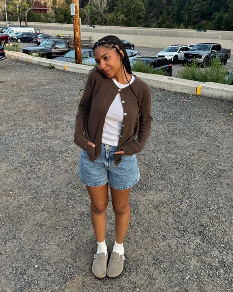 Dinner in CO!! ⛰️ Cardigan: quince *gifted Shorts: Abercrombie Shoes: target #falloutfit #outfitideas #summertofall #falltransition #outfitinspiration #outfitideas #clogs #cardigan #chocolatebrown #coloradostyle Fits With Boston Clogs, Clog Slides Outfit, Chaco Paonia Clog Outfit, Cute Fall Beach Outfits, Mocha Clogs Outfit, Cardigan And Jorts Outfit, Birken Stock Clogs Outfit, Jean Shorts And Sweater Outfit, Coaches Outfit