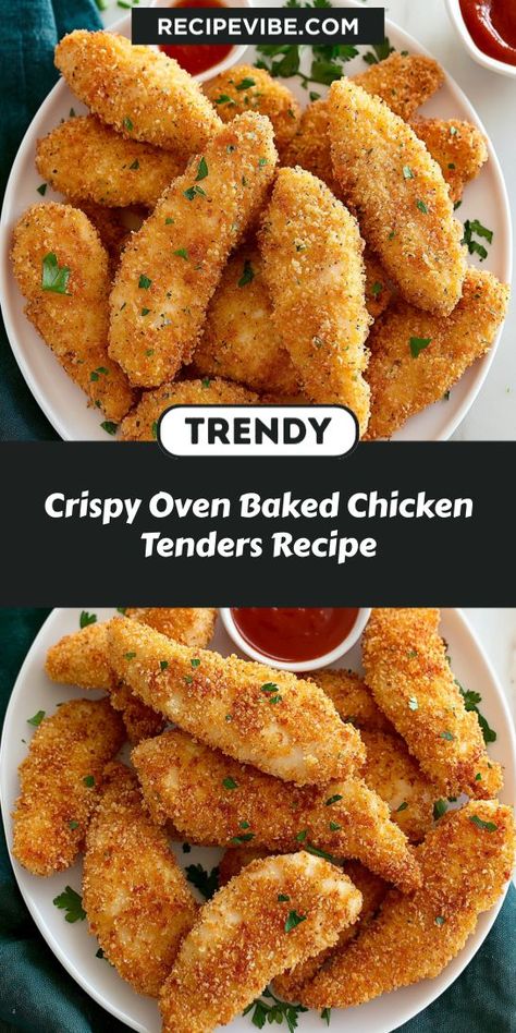 Craving something crunchy and satisfying? Try these crispy oven-baked chicken tenders! With a golden, crunchy coating and juicy chicken inside, this recipe is a family favorite. Perfectly seasoned and easy to make, these tenders are great for dipping or serving on a salad. Enjoy a guilt-free indulgence! Oven Breaded Chicken, Chicken Tenders Oven, Chicken Tender Recipes Baked, Baked Chicken Tenderloins, Chicken Breast Oven Recipes, Oven Baked Chicken Tenders, Chicken Breast Oven, Baked Breaded Chicken, Baked Chicken Strips