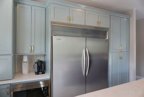 Charming Kitchen featuring Blue Green Cabinets with Brushed Gold Accents - Cabinets.com Haze Cabinets, Blue Green Cabinets, Brushed Gold Fixtures, Discount Cabinets, Aqua Kitchen, Blue Cabinet, Order Kitchen, Charming Kitchen, Gold Fixtures