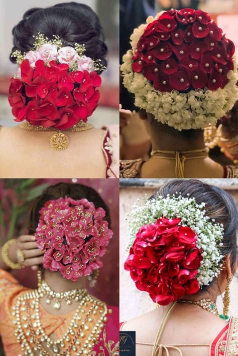 Using whole real flowers for the #bun is very common, but have you seen the #designs done with rose petals. #Rosepetals can be used as is, or can be matched with some other flowers as well. Here are a few design ideas…. #Threads Flower Bun Hairstyle, Floral Bun, Trendy Bun, Bun Ideas, Bridal Makeup Videos, Bridal Hair Decorations, Bridal Hairstyle Indian Wedding, Hairstyles For Ladies, Flower Bun