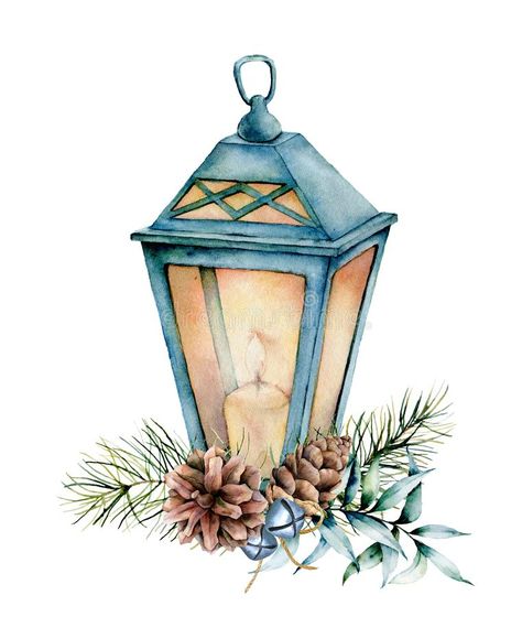 Watercolor blue Christmas lantern with decor. Hand painted lamp, candle, eucalyptus leaves and branch, silver bells, fir vector illustration Lantern Design Drawing, Lamp Watercolor Painting, Lamp Watercolor, Candle Eucalyptus, Eucalyptus Christmas, Hand Painted Lamp, Lantern Christmas Decor, Holiday Watercolor, Illustration Invitation