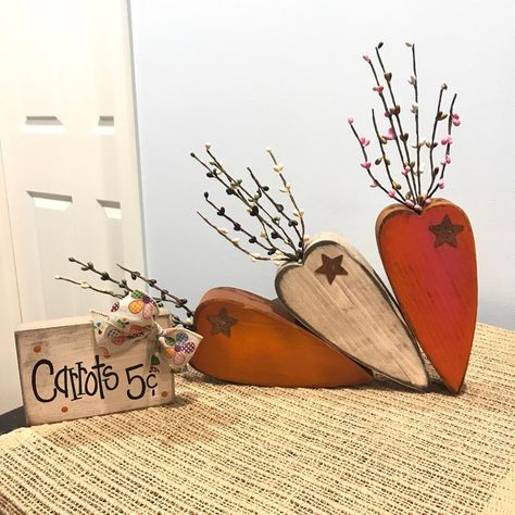 Spring Wood Decor, Wood Carrots, Wooden Carrots, Rustic Spring Decor, Primitive Easter Decor, Spring Wood Crafts, Wood Bunny, Rustic Easter Decor, Easter Wood Crafts