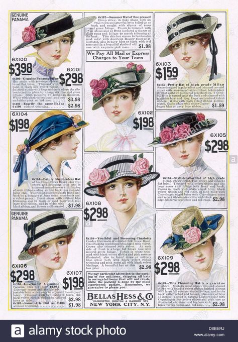 Womens Hats 1916 Stock Photo, Royalty Free Image: 56801462 - Alamy Types Of Hats For Women, Edwardian Hat, Historical Hats, American Female, 1910s Fashion, Victorian Hats, Womens Hats, Illustration Vintage, Vintage Hats