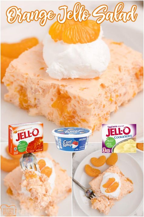 Orange Jello Salad is light, refreshing and makes the perfect side dish or dessert! Made with orange jello, tapioca pudding, whipped topping, mandarin oranges and crushed pineapple. Mandarin Orange Jello Salad, Orange Jello Salad, Orange Recipes Dessert, Orange Jello Salads, Pineapple Jello, Jello Mold Recipes, Congealed Salad, Cool Whip Desserts, Orange Dessert