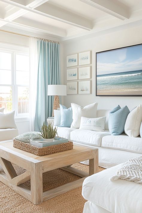 Transform your home with this serene coastal living room decor. Featuring soft blues and natural textures, it brings the calm of the seaside into your space. Perfect for achieving a tranquil and stylish look. #livingroomdecor #coastalstyle #homedecor 🌊 Sophisticated Coastal Living Room, Blue And White Living Room Apartment, Coastal Living Room Area Rugs, Living Room Coastal Farmhouse, Coastal Themed Living Room, Nautical Home Decor Coastal Style, Classy Beach Decor, Colorful Beach House Interior, Coastal Throw Pillows Living Room