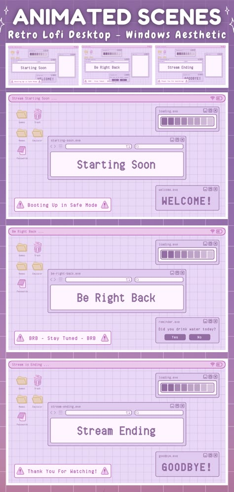 Animated Twitch Screens - Purple Retro Lofi Windows Aesthetic - Twitch Ending Screen, Retro Twitch Overlay, Twitch Starting Soon Screen Ideas, Twitch Streamer Aesthetic Overlay, Starting Screen Twitch, Y2k Twitch Overlay, Twitch Scene Ideas, Stream Layout Ideas, Stream Overlay Aesthetic