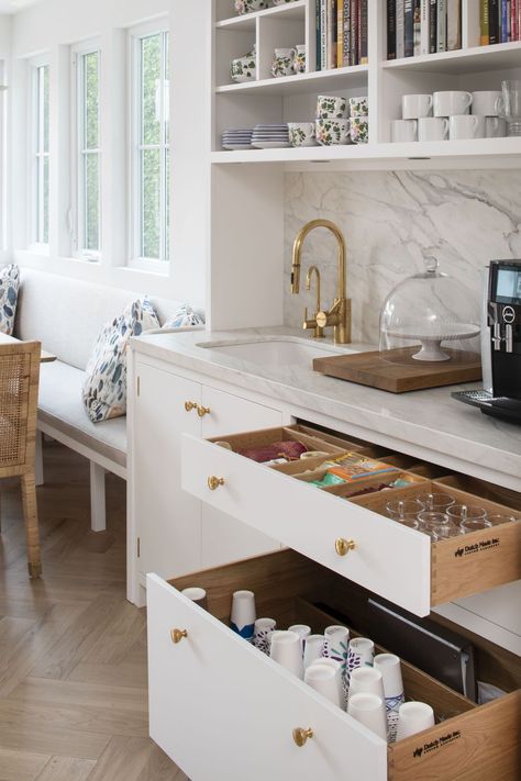 kitchen storage drawer Barista Station, Chic Coffee Bar, Built In Coffee Bar, Home Barista, Victorian Era Homes, Inset Cabinetry, Giverny France, Bed Nook, Sunny Kitchen