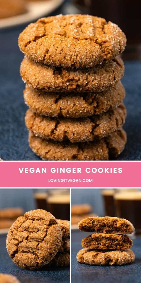 These vegan ginger cookies are super crunchy and made in a 'gingersnap' style for a perfect holiday cookie. Packed with ginger flavor. #vegan #dairyfree | lovingitvegan.com Vegan Ginger Molasses Cookies, Vegan Molasses Cookies, Easy Vegan Cookies, Gingersnap Cookies, Ginger Molasses, Vegan Gingerbread, Vegan Cookie, Vegan Cookies Recipes, Ginger Molasses Cookies