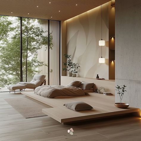 “Quiet Luxury” This Japandi home embraces the beauty of simplicity and nature with its minimalistic design, natural materials, and soft neutral tones. The space is defined by clean lines, low-profile furniture, and a harmonious use of wood textures throughout, from the platform bed to the shelving and decorative elements. The room’s openness is enhanced by large windows, bringing the outside in, and natural light gently illuminates the space. Soft, earthy fabrics in beige and off-white tones... Modern Luxury Home Interior Design, Luxury Japanese Bedroom, Earthy Japanese Bedroom, Japanese Platform Bed In Bog Rooms, Masters Bedroom Japandi, Japanese Mansion Modern Bedroom, Japandi Bedroom Design, Japandi Bedroom, Japandi Home