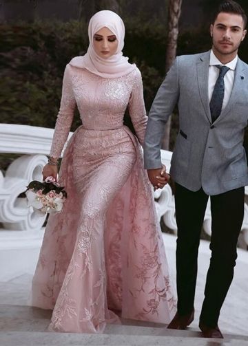 Mermaid Long Sleeves Dusty Pink Lace Muslim Wedding Dresses Special Occasion Dresses Long, Hijabi Mode, Wedding Dress Hijab, Muslimah Wedding Dress, Muslimah Wedding, Muslim Evening Dresses, Bridal Hijab, Hijab Wedding Dresses, Stile Hijab