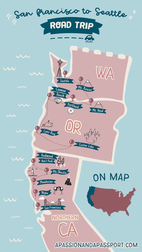 San Francisco to Seattle Road Trip Itinerary: The Pacific Northwest + More Seattle Road Trip, San Francisco Road Trip, Pacific Coast Road Trip, Pacific Coast Highway Road Trip, Pacific Northwest Travel, Road Trip Map, Oregon Road Trip, West Coast Road Trip, Us Road Trip