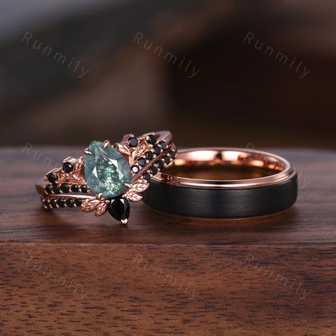 Here we have a Vintage Pear Moss Agate Couples Ring Rose Gold Matching Ring Set His and Hers Wedding Band Green Agate Ring For Men For Women Promise Ring ITEM DESCRIPTION ✦ Handmade, high-quality item! ✦ Material: Sterling Silver/Tungsten/14K Solid Gold ►Sold as a two-piece set ►His ring is Rose Gold and Black Tungsten Carbide. ►His band width: 6mm ►His tungsten ring will not turn green itself and will not cause your skin to turn green.  ✦ Durable - Incredibly Scratch-Resistant to always look gr Mens Crystal Ring, Black And Green Rings, Couples Rings Matching, Moss Agate Ring For Men, Green Wedding Ring Set, Matching Engagement Rings His And Hers, Couple Bands Rings, Pear Moss, Green Wedding Rings