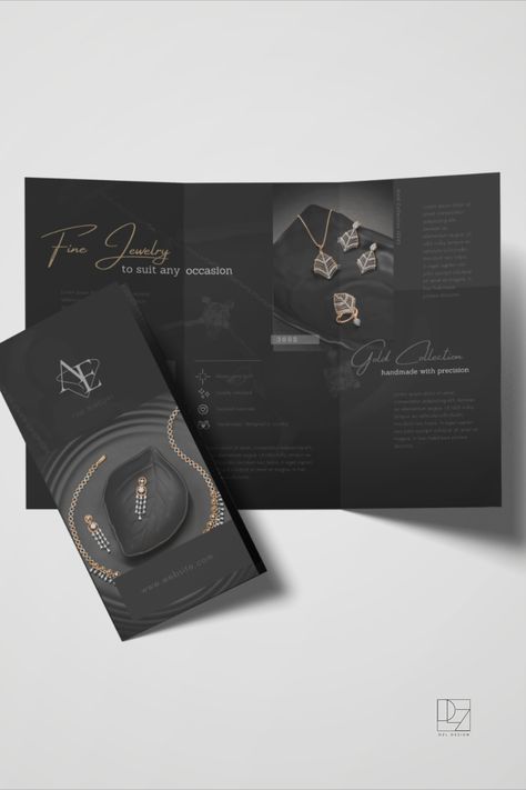 Elevate your jewelry brand's marketing with this luxurious trifold brochure Canva template, meticulously designed for jewelers who specialize in high-end, fine jewelry. This elegant template is perfect for showcasing your most exquisite collections in a way that reflects the opulence and sophistication of your pieces. Black Brochure, Luxury Brochure, Elegant Template, Trifold Brochure Template, Trifold Brochure, Expensive Jewelry, Luxurious Design, Jewelry Business, Brochure Design