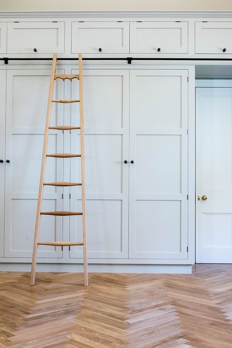 Built In Wardrobe With Ladder, Shaker Style Fitted Wardrobes, Shaker Style Wardrobe, Wardrobe With Ladder, Traditional Fitted Wardrobes, Earthy House, Floor To Ceiling Wardrobes, Small Ensuite, Fitted Wardrobe